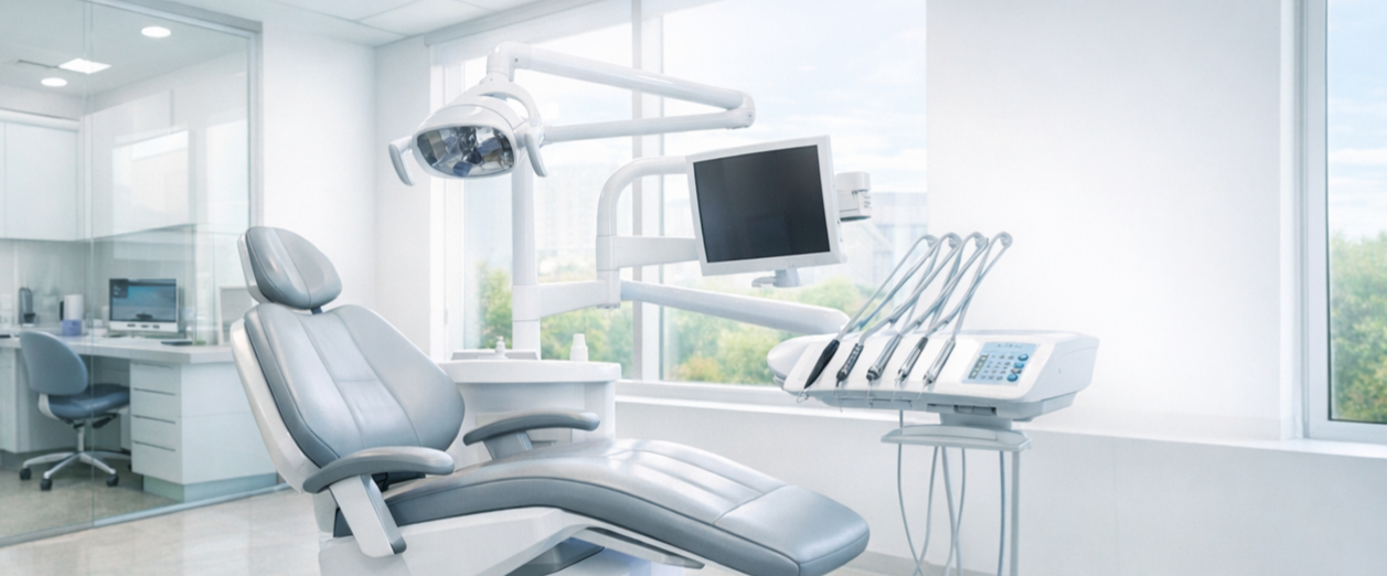 Clínica dental moderna con sillón odontológico y ambiente tecnológico